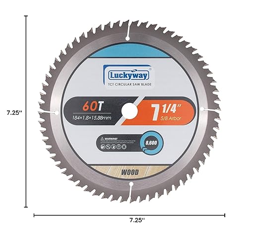 Luckyway 7-1/4 Inch Circular Saw Blade 60T Finish with 5/8 Inch Arbor TCT (Tungsten Carbide Tipped) Saw Blade for Cutting Wood
