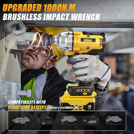 Cordless Impact Wrench 1/2 inch for Dewalt 20V Battery, 1000N.m Impact Driver High Torque Brushless Electric Impact Gun Includes LED Work Light for Car/Truck RV/Mower (NO Battery/Charger)