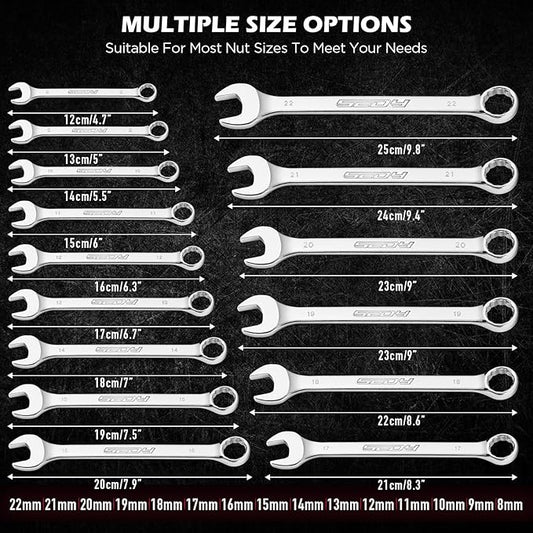 15-Piece Metric Combination Wrench Set, 8??2mm 12-Point Open End and Box End Wrench Kit with Organizer, Chrome Vanadium Steel Tools for Mechanics, Garages and Workshops