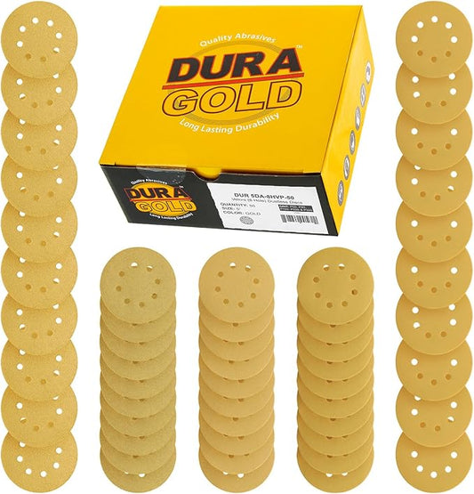Dura-Gold Premium - Variety Pack - 5" Gold Sanding Discs - 8-Hole Dustless Hook and Loop - 10 Each of Grit (60, 80, 120, 220, 320) - Box of 50 Sandpaper Finishing Discs for Woodworking or Automotive