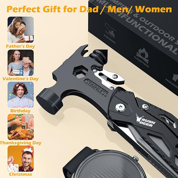 RUSH DEER 16-in-1 Multitool, Gifts for Dad, Hammer Multi tool, Utility Knife Multitools for Men, Survival Gear and Supplies, Christmas Gift for Boy Husbands