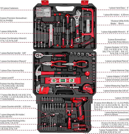 Drill Tool Set竊숿ool Kit with 12V Power Cordless Drill Hand Repair Tools Box with Drill, Home Tool Kits for Men & Women, Hand Drill Set Perfect for Homeowner, Diyer, Handyman - Red