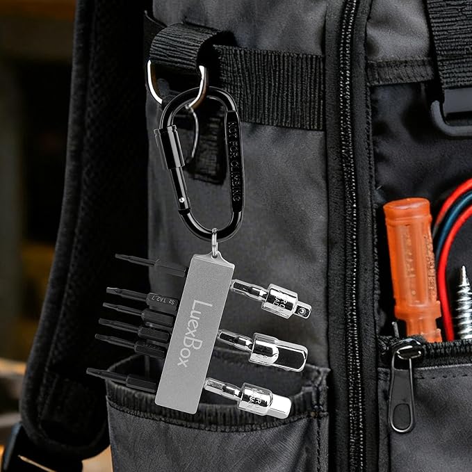 16-Hole Magnetic Bit Holder Keychain, 1/4 inch Storage Bit Holder & Carabiner, Screwdriver Head Storage Case Organizer for Nut Driver, Screwdriver & Drill Bits (Silver)