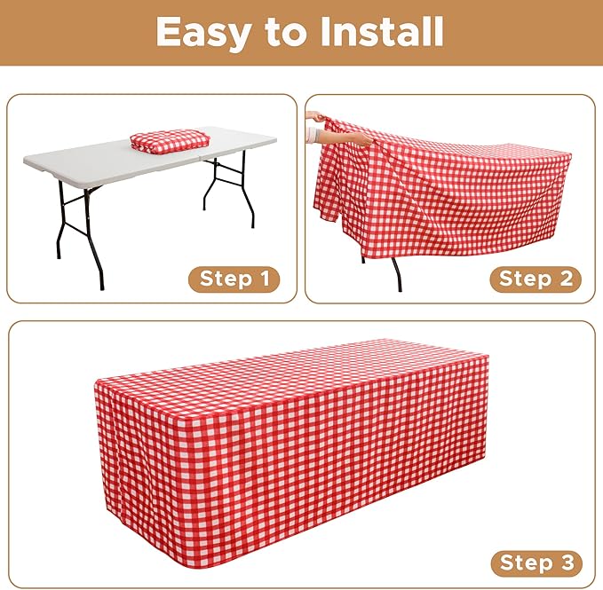 HolidayIdeas Checkered Fitted Table Covers for 8 Foot Tables - 96 x 30 Inch - 2 Pack Rectangle Table Clothes Buffalo Plaid Table Cover for Folding Table, Parties, Picnic, Trade Show (Red and White)