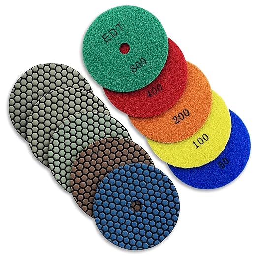 7" High Performance Dry Stone/Concrete Polishing Pads Set (50, 100, 200, 400, 800 Grit) - 1.5mm Segment Height, Honeycomb Style for Granite, Engineering Stone, Marble, and Concrete Counter Tops.