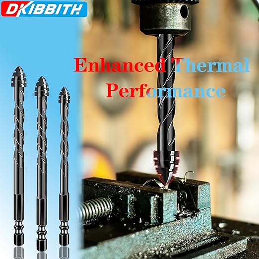 DKIBBITH 4-Flute Serrated Masonry Drill Bit Set 5-Piece Black- 3/16",1/4",5/16",3/8" to 1/2" for Concrete, Tile, Brick, Glass, Ceramic.