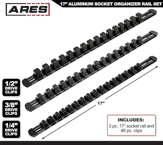 ARES 60123-3-Piece Black 17-Inch Aluminum Socket Rail Set with Locking End Caps - Includes 1/4-Inch, 3/8-Inch, and 1/2-Inch Drive Rails - Each Aluminum Rail Stores up to 16 Sockets