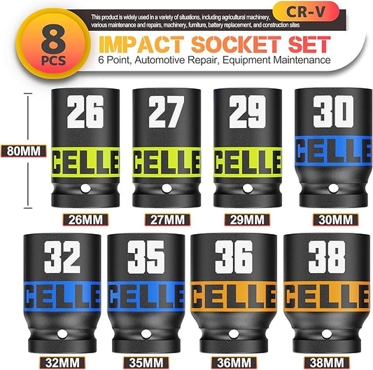8 Piece 3/4-Inch Drive Impact Socket Set, 26-38mm Jumbo Sockets, Metric Alxe Nut Sockets for Automotive Repair, Equipment Maintenance
