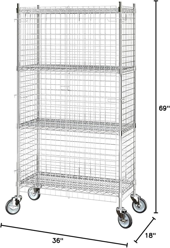 Commercial Grade NSF Listed Metal Wire Mesh Storage Chrome Mobile Security Cage Kit, 18" x 36" x 70", Perfect for Warehouse, Grocery Store, Restaurant, Dishroom