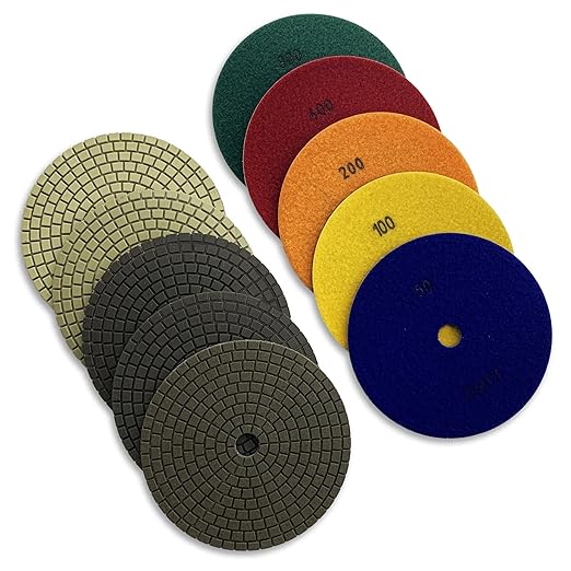 7" High Performance Dry Stone/Concrete Polishing Pads Set (50, 100, 200, 400, 800 Grit), 2.2mm Segment Height, Turbo Style for Granite, Engineering Stone, Marble, and Concrete Counter Tops.
