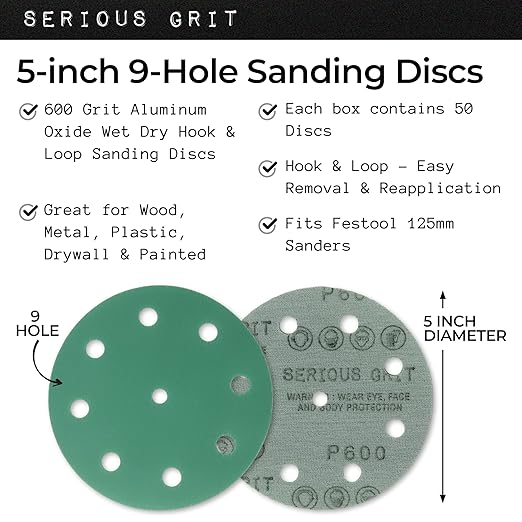 Serious Grit - 5-Inch 9-Hole 600 Grit Sanding Discs - Heavy-Duty Hook & Loop Film Discs - Sandpaper for Random Orbital Sanders - 50 Pack Box