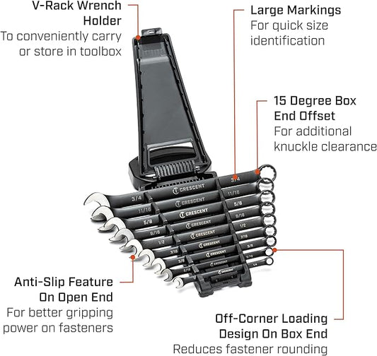 Crescent 9 Piece X10 12 Point Long Pattern Combination SAE Wrench Set - CCWS9BS