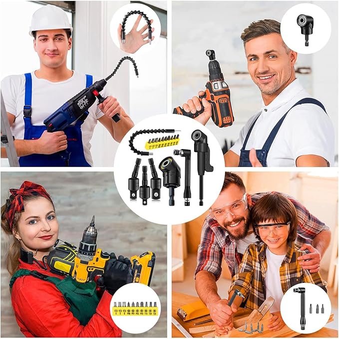 17 Pcs Flexible Drill Bit Extension 105 Degree Right Angle Drill Adapter,360째 Rotatable 1/4 3/8 1/2" Impact Grade Socket Adapter Set,90째 Angled Bits,Super Bit Shaft Extension Bits,Screwdriver Bit Set