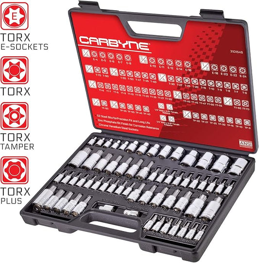 CARBYNE 62-Piece Master Torx Bit Socket Set & External (eTorx) Socket Set, Includes T6 - T70, TT6 - TT70, TP8 - TP60, E4 - E24| S2 Steel Bits, Cr-V Sockets, Durable Case | 1/4, 3/8, & 1/2 in. Drive