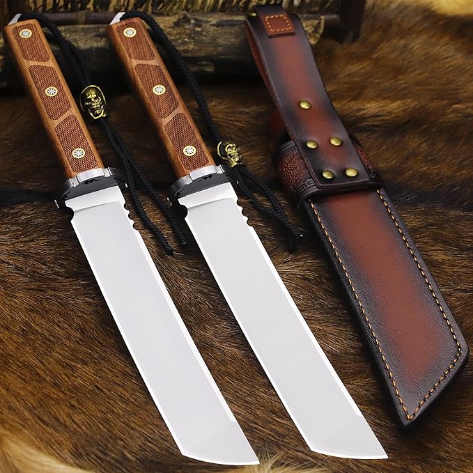 BA-KOR 7mm 9CR18MOV steel (15.6IN) sandalwood handle full Tang fixed knife+scabbard+(single shoulder strap)&(5.9IN) cerium igniter, suitable for outdoor hunting, camping, survival, EDC tool knife