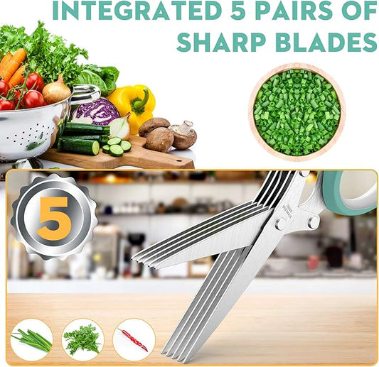 Fun Unique Kitchen Gadgets: Herb Scissors Set - Updated 2025 Cool Kitchen Tools for Cutting Fresh Garden Herbs - Sharp 5-Blade Shears with Cover, Anti-Rust Stainless Steel, Dishwasher Safe (Blue)
