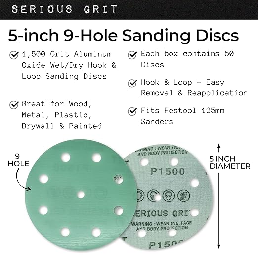 Serious Grit - 5-Inch 9-Hole 1500 Grit Sanding Discs - Heavy-Duty Hook & Loop Film Discs - Sandpaper for Random Orbital Sanders - 50 Pack Box