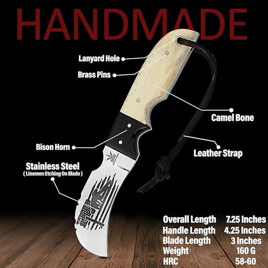 Handmade Stainless Steel Lineman’s Hawkbill knife with Leather sheath, Heavy Duty Utility Knife blade Electrician Wire Skinning knife for professional,