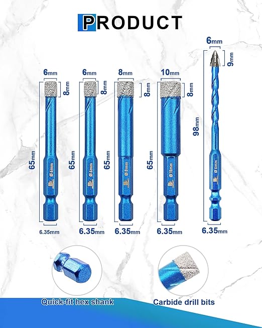 Serrated Carbide Masonry Drill Bit Set 1/4",1/4",5/16",3/8" & 1/4" Step Drill Bit - Wood Drill Bits for Wood/Plastic/Masonry/Ceramic Tile Hex Shank Drills
