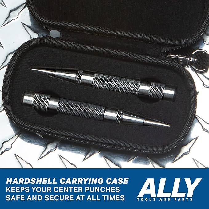 ALLY Tools Heavy Duty Automatic Center Punch w/Hardened Steel ??2PC Premium Automatic Center Punch for Metal for Machinists and Carpenters w/Adjustable Knurled Cap, Spring Loaded and Hard-Shell Case
