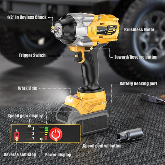 Impact Wrench Compatible with DeWalt 20V Battery: 1/2 Inch Hog Ring Impact Driver High Torque - 1360N.m/1000Ft-lbs Cordless Impact Gun - Brushless Motor with LED Light - Tool Only
