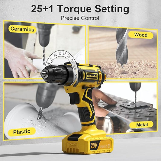 Cordless Drill Set, VIWKO 20V Power Drill with Power Pack 2.0Ah and Charger, 3/8-Inch Keyless Chuck Electricdrill, 25+1 Torque, 42pcs Drilldriver Bits/Screws for DIY Projects (Yellow)