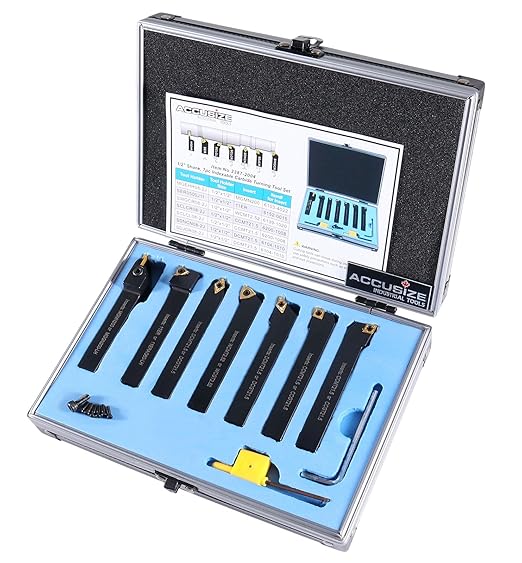 Accusize Industrial Tools 7-Ps Indexable Carbide Turning Tool Set, 1/2" Shank, C6 Grade TiN Coated Inserts, in Fitted Aluminum Case, 2387-2004