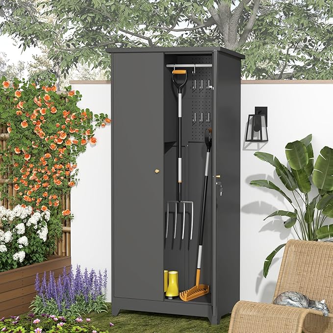 GREATMEET 72.8" Outdoor Broom Storage Cabinet, Waterproof Outdoor Narrow Storage Shed, Metal Storage Cabinets for Cleaning Supplies with Slanted Roof, Utility Closet, Broom Mop Storage Cabinet, Grey