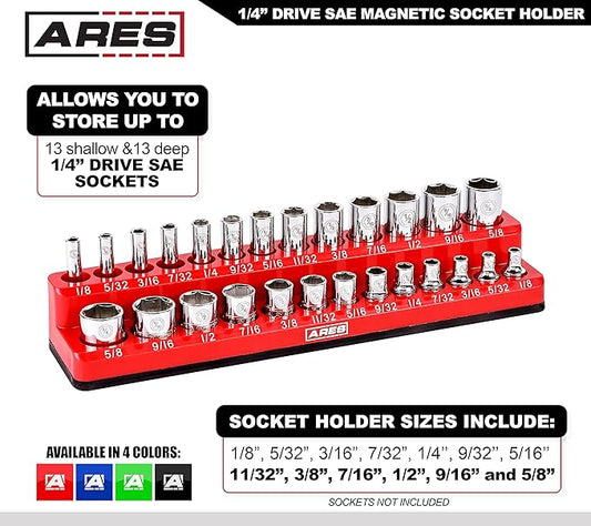 ARES 70232-26-Piece 1/4-Inch SAE Magnetic Socket Organizer - 13 Standard Size and 13 Deep Size Socket Holder - Keeps Your Tool Box Organized