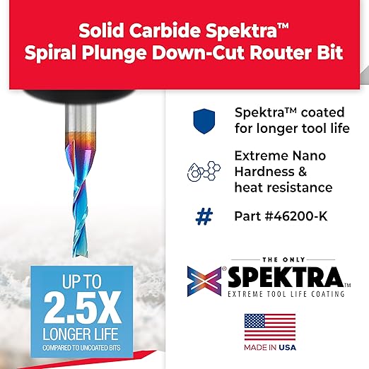 Amana Tool Solid Carbide Spektra Extreme Tool Life Spiral Plunge Router Bit Down-Cut, 46415-K, 1/4 Dia x 1 CH x 1/4 Shank 2-1/2 Inch L