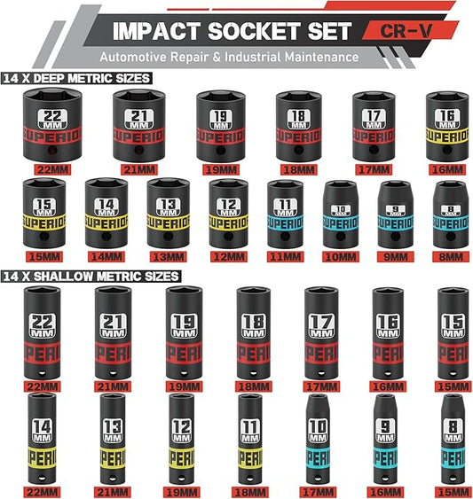 3/8" Drive Impact Socket Set, 50 Piece SAE (5/16"-3/4") and Metric (7 mm-19mm), Deep & Shallow Sockets with Extension Bars, Adapters, for Automotive Repair & Industrial Maintenance