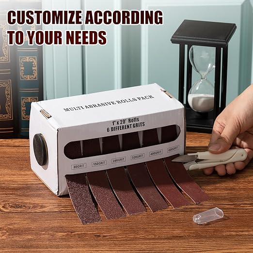 6 Grits Emery Cloth Roll 8m 1'' x 26' Sand Paper Roll with Dispenser, 80 150 240 320 400 600 Grit Abrasive Sand Paper Assortment for Wood Furniture Metal Automotive Polishing, Wet and Dry Use