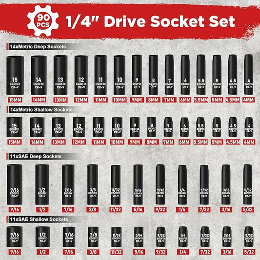 1/4" Drive Impact Socket Set 90 Piece, Metric Socket (4-15mm) and Standard SAE Size (5/32-9/16 inch), with 72-Teeth Ratchet, Screwdriver Bit Set, Mechanics Tool Kit for Home Use and Automotive Repair
