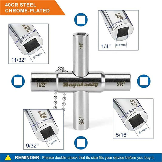 HAYATOOLY 4-Way Sillcock Key, 2-Pack 40Cr Water Key, Multi-Functional & Utility Wrench, Shut Off Tool for 1/4", 9/32", 5/16", 11/32" Valve, Spigot & Electric Meter, Ideal for Home, Public & Commercial