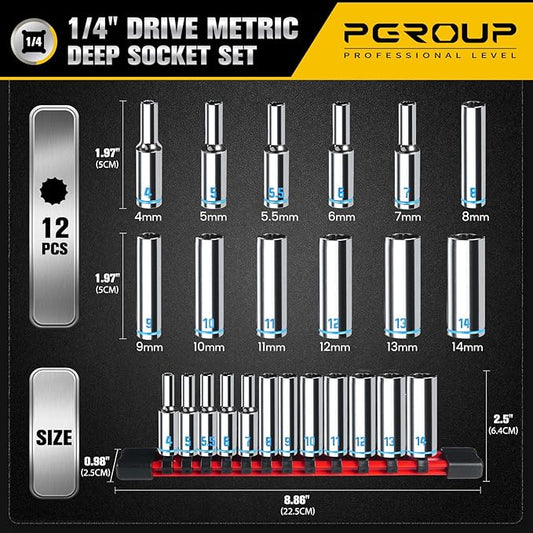 1/4" Drive Deep Socket Set, 12PCS Metric Socket Set (4-14mm), 12-Point Design, Blue Embossed Marking, Equipped with Storage Holder, Chrome Vanadium Steel
