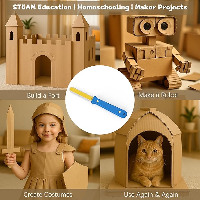 Zentara Kids Cardboard Cutter with Wooden Handle ??Safe Serrated Craft Knife with Rounded Tip, Brass Rivets & Full-Tang Steel Core ??420J2 Stainless Steel ??Ages 5+ DIY Projects