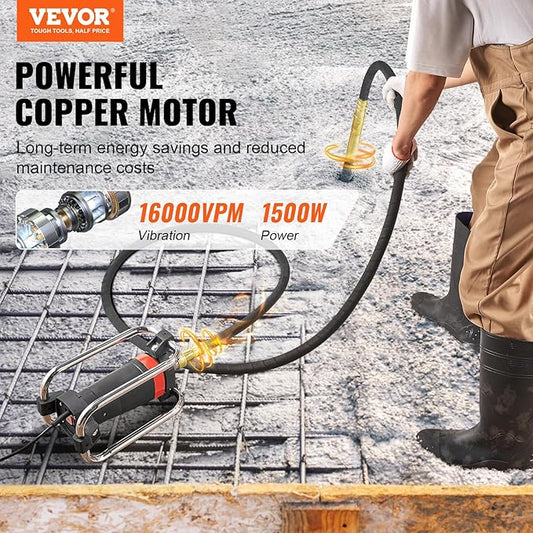 VEVOR Concrete Vibrator, 1300W Power, 16000 Vibrations Per Minute, Durable 2HP Copper Engine, Portable for Construction, Comes with 14.75ft Shaft, Ideal for Removing Air Pockets & Smoothing