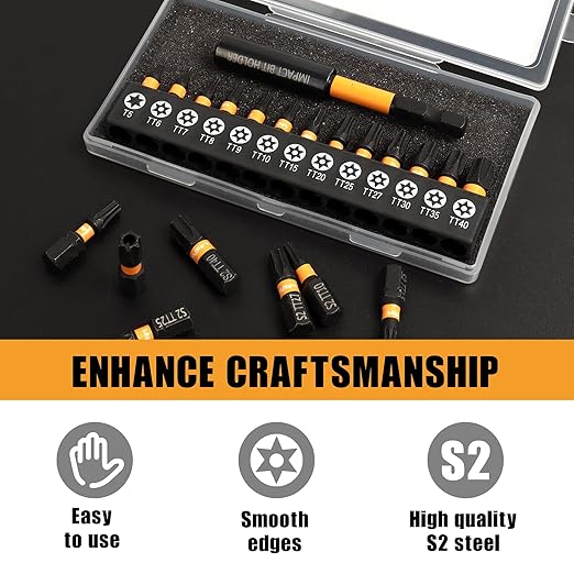 MulWark 14-Piece Security Torx Bit Set ??T5-T40 Star Bits Set, 1'' S2 Steel Tamper-Resistant Bits with Magnetic Bit Holder, 1/4" Hex Shank ??Christmas Gift, Holiday Tool Set, Xmas Stocking Stuffer