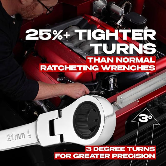 Jaeger 21 mm Flex Head TIGHTSPOT Ratchet Wrench, 4 Degree Swing arc, 12-Point Ratchet Combination Wrench, 90-Tooth