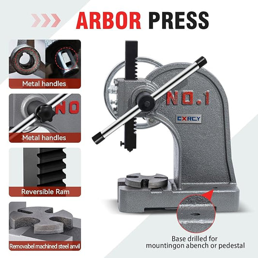 CXRCY Arbor Press 1 Ton with Hand Wheel, Cast Iron Heavy duty Manual Arbor Press 1 Ton, 5.5" Maximum Height, Desktop Arbor Press, Metal Punch Press Machine for Stamping Bending Forming Stretching