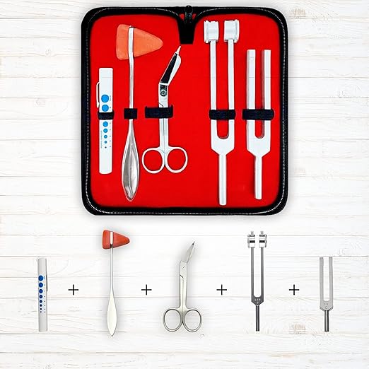 Diagnostics Kit - Percussion Taylor Reflex Hammer + C 128 & C 512 Tuning Forks + Bandage Scissors + Pupil Gauge Pen Light in Carrying Case - 6 Pieces Set - Silver