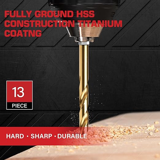 13PC 1/16" Titanium Coated Twist Hex Shank Drill Bit Set, 135 Degree Tip HSS Drill Bit Sets, Impact Driver Drill Bits for Wood, Steel, Metal, Plastic with Quick Change Design