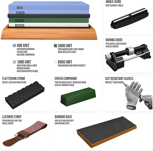 Knife Sharpening Stone Set - Premium 4 Side Grit 400/1000 3000/8000 Whetstone Sharpener Kit - Non-Slip Bamboo Base,Cut Resistant Gloves, Angle Guide,Flatting Stone,Honing Guide,Leather Strop