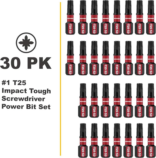 30Pieces T25 1 In. Insert Driver Bits,Impact Tough Magnetic #25 Torx Head Power Bits, S2 Alloy Steel T25 Screwdriver Bits Set