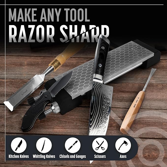 Schaaf Tools Diamond Whetstone Knife Sharpener Complete Kit with Adjustable Base, 2-Sided 400/1000 Grit Diamond Sharpening Stone Set with Chisel Honing Jig & Angle Guide for Knives, Woodworking Tools