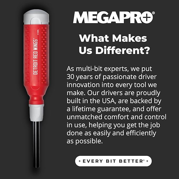 MEGAPRO짰 NHL짰 Team Edition Multi-bit Screwdriver | Officially Licensed NHL짰 Gear | Durable, Ergonomic, Pro-Grade Screwdriver (Detroit Red Wings짰)