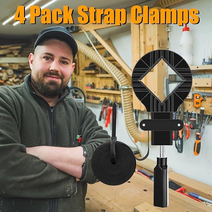 Feekoon 4 Packs 13 FT Belt Band Strap Clamps for Woodworking, Quick Release Band Clamps with 4 Corner Claws, Thick and Sturdy Belt Clamp, Adjustable Picture Frame Clamp Tool