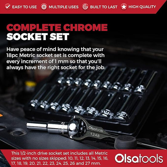 Olsa Tools Metric Deep Socket Set - 1/2-Inch Drive, 18pc - 6-Point Chrome Sockets from 10mm–27mm and No Skipped Sizes - Mechanic Deep Metric Socket Set - Professional Grade Long Sockets - Part: 1325