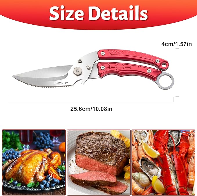 Heavy Duty Poultry Shears Professional Kitchen Scissors for Cutting Chicken, Turkey, Meat, Bones, Vegetables Stainless Steel Spatchcock Shears Multipurpose Food Scissors (Red)