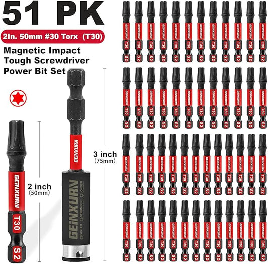 51 Pieces T30 Impact Tough Magnetic Screwdriver Bit Set, 1 In. #30 Torx Head Power Bit Set, S2 Alloy Steel T30 Star Bit with 1Pcs Impact Bit Holder